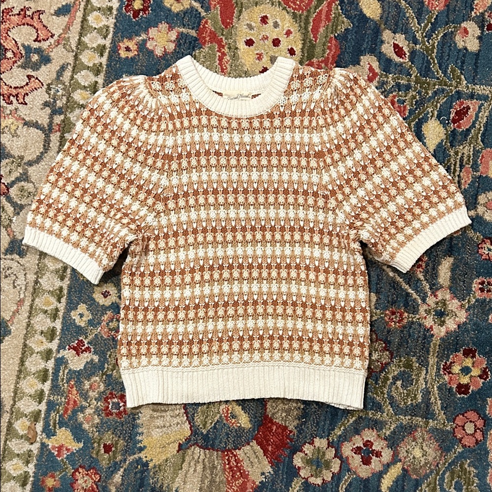 Brown and White Patterned Knit Sweater